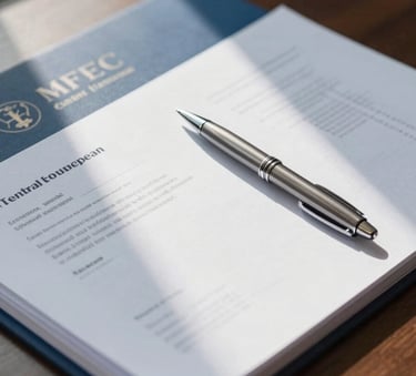 Close-up of a tidy, professional law office desk with high-quality documents and a silver pen, soft morning light, Central European style, featuring navy blue and light blue accents.