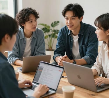 Team brainstorming with colorful sticky notes on glass.