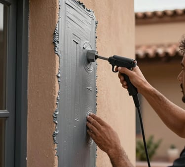 A close-up of a worker applying a textured plastic coating to an exterior wall of a modern Spanish / Latin American home, using professional tools, with warm soft tan and dark slate grey colors in the scene.