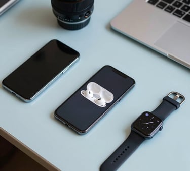 A top-down professional still life of modern electronic devices, including a sleek smartphone, wireless earbuds, and a smartwatch arranged on a clean, light blue surface in a South American modern home office.