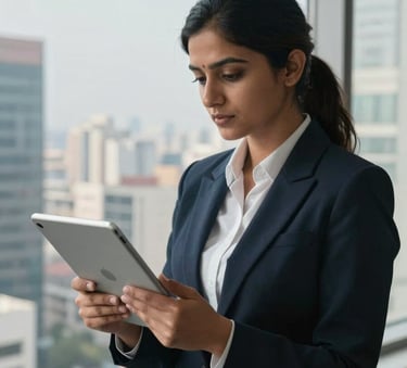 A South Asian professional woman in formal attire working on a digital tablet in a high-rise office building in Gurugram, with a cityscape visible through the window.