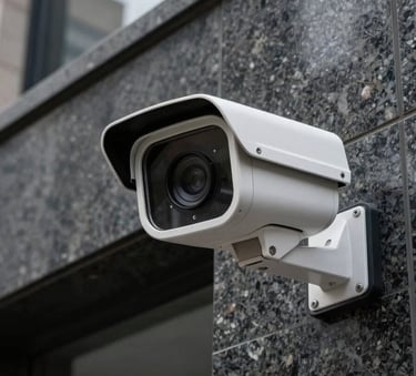 A close-up of a modern high-definition security camera mounted on a sleek dark granite facade of a corporate building in Uruguay, daytime lighting, professional photography.