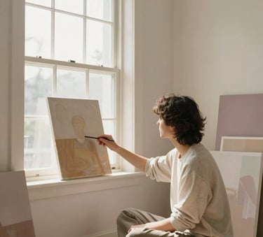A person sitting peacefully by a large window in a cozy, sunlit North American studio, looking at a finished painting. The room is decorated in soft cream and pale mauve tones, exuding a sense of calm and accomplishment.