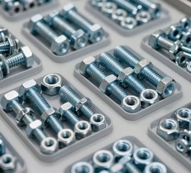 A close-up photograph of assorted metal bolts and nuts neatly sorted in professional industrial packaging, bright clean lighting, Central European / Spanish industrial workshop setting, Steel Blue and Light Gray color palette.
