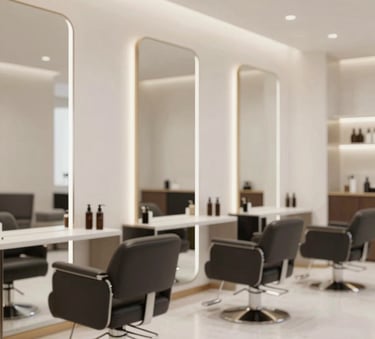 A wide shot of a modern and sophisticated hair salon interior. The lighting is bright and natural, reflecting off clean surfaces. The color palette includes hints of #C1CDD4 and #262A2D in the furniture and decor. The atmosphere is professional and inviting.