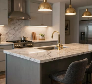 A high-end kitchen island with a sleek quartz countertop in a North American / US - Los Angeles home, featuring gold-toned faucet and charcoal gray stools under warm pendant lighting.