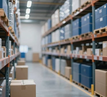 A high-end, modern logistics center and warehouse interior, symbolizing the flow of commerce. Clean, organized environment with lighting that highlights metallic surfaces and deep blues (#1A2F3D) and soft greys (#CCD6E0). Professional photography style.