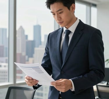 A professional Asian businessman in a navy suit reviewing corporate documents in a modern city office.