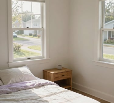 A high-angle, clean photography shot of a minimalist, sun-drenched private bedroom in a North American shared house. The room features a simple bed with off-white and light purple linens, a wooden nightstand, and a large window looking out onto a serene green suburban street. The lighting is soft and morning-fresh, emphasizing a calm and secure environment.