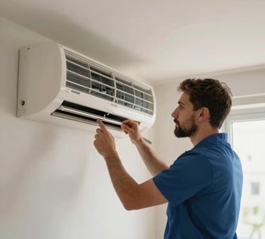 A professional technician in a clean uniform inspecting a wall-mounted air conditioning unit in a modern Middle Eastern apartment, soft natural light, professional photography.