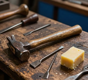 Detailed macro photography of traditional cobbler tools including a hammer, awl, and beeswax on a rustic wooden workbench in a Portuguese-speaking European workshop. Warm bronze and dark blue tones with soft directional lighting.