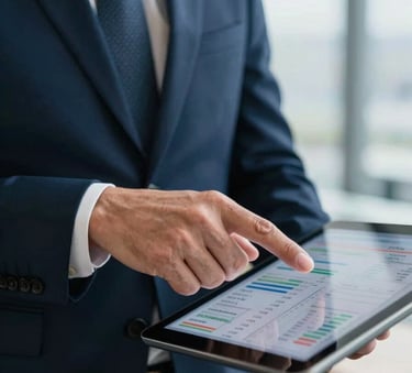 A close-up photograph of a professional in a sharp navy suit pointing at a tablet screen displaying financial data, set in a bright, modern office in the United Kingdom, soft daylight, professional atmosphere.