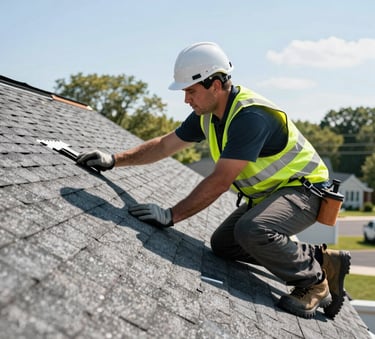 A professional roofing contractor wearing safety gear inspecting a asphalt shingle roof on a residential home in New Jersey under a clear bright sky.