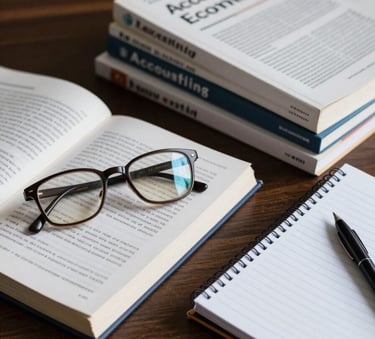 Still life photography of high-quality textbooks on Accounting and Economics, with a pair of spectacles and a neat notebook on a dark wood surface, South Asian / Indian academic office setting, focused composition, professional lighting.
