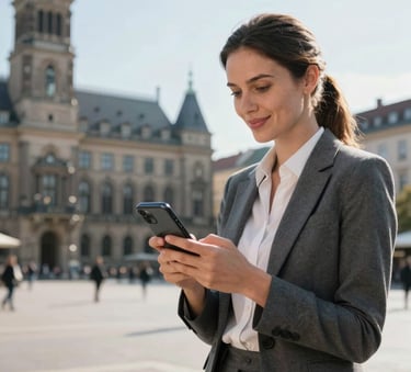 High-end photography of a professional woman in a German city square, wearing elegant business-casual attire. She is looking at her smartphone with a satisfied expression. In the soft-focus background, a historic European administrative building is visible under a clear, bright sky.
