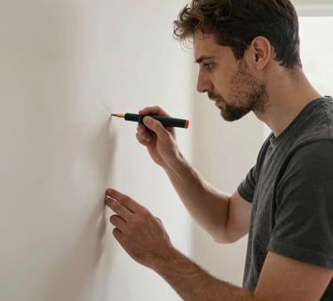 Detailed photography of a professional technician inspecting an interior wall for humidity issues in a Central European home, using specialized tools, soft natural lighting, showing expertise and focus.
