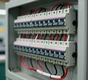 A close-up photograph of a meticulously wired industrial control panel featuring red and black wires, silver terminals, and modern circuit breakers, shot with sharp focus in a North American / US manufacturing facility.