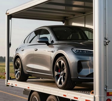 A high-end luxury car being carefully loaded onto a modern vehicle transport trailer. The lighting is bright and professional, highlighting the cool silver metallic surfaces of the trailer and the dark charcoal finish of the vehicle. Nebraska landscape visible in the soft-focus background.