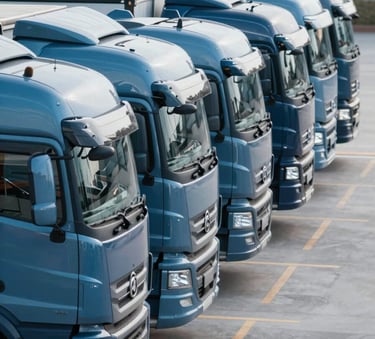 A fleet of modern, clean transport trucks parked in a perfectly straight line at a logistics terminal, sleek metal surfaces reflecting #3F5B6F blue tones, professional lighting, modern efficiency vibe.