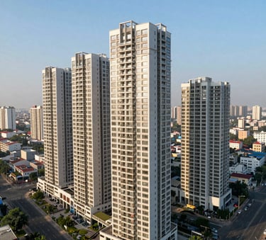An aerial panoramic view of luxury high-rise apartments along the Noida Expressway, showcasing modern South Asian urban planning under a clear, bright sky.