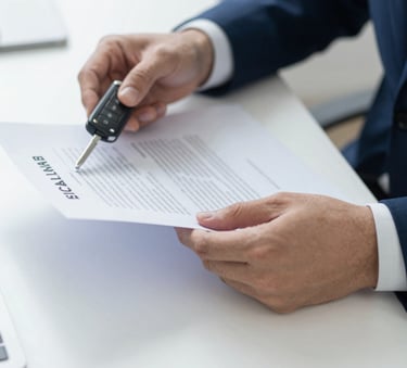 A close-up of professional hands reviewing clear legal documents and a car key on a clean desk, symbolizing the final step of the exemption process, with a color palette of #0F1C2E and soft #B6DDE5 highlights.