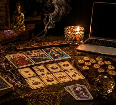 cartomante online realizando consulta com tarot, baralho cigano lenormand, runas e pendulo