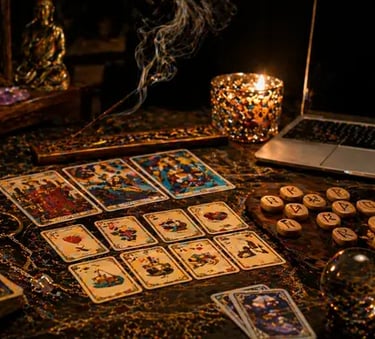 cartomante online realizando consulta com tarot, baralho cigano lenormand e runas