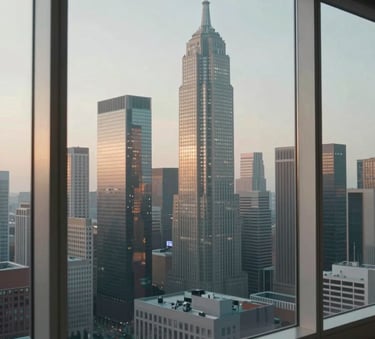 A high-angle photography shot of a sleek North American city skyline through a pristine floor-to-ceiling glass window, soft morning light, reflecting a sense of peace and professional success.