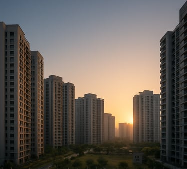 A wide-angle professional photograph of a modern Indian residential high-rise complex at sunrise, with soft gold and slate blue lighting, representing urban growth and security.