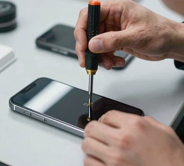 A close-up photograph of a professional technician's hands using a small precision screwdriver to assemble a high-end mobile phone on a light grey workbench. The lighting is clean and bright, reflecting a modern laboratory style in Northern Europe.