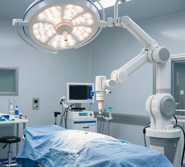 A clean and high-tech surgical operating room in a Western European hospital, featuring modern medical lighting and advanced robotic surgery equipment, clinical blue and white color palette, professional atmosphere.