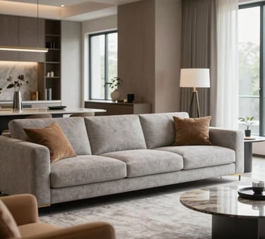 A professionally photographed North American living room featuring sophisticated modern furniture in light gray and tan. The composition uses soft natural light and highlights high-end architectural textures and clean lines.