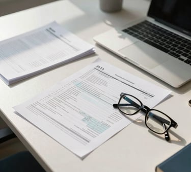 A professional desk setting in a sunlit North American / US Hispanic office, showing organized tax documents, a laptop, and a pair of reading glasses, projecting a sense of order and trust. The atmosphere is warm and welcoming with soft steel blue and off-white accents.