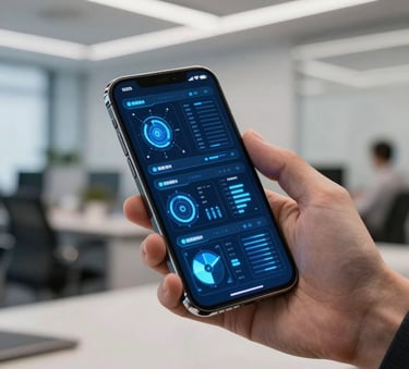 A close-up of a high-end smartphone displaying a futuristic dashboard with glowing blue and light blue data visualizations, held by a professional in a modern European office setting.