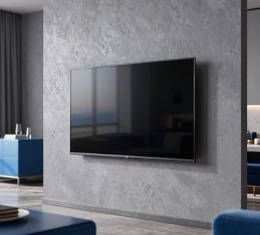 A sleek, ultra-thin LED TV mounted on a textured grey wall in a modern Dubai apartment. The screen shows a sharp, high-definition image. The room is decorated with steel blue and ice blue furniture.