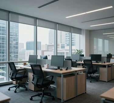 A clean, modern office interior in a South American business district with professional workstations and ergonomic chairs, natural light coming through large windows, soft blue and gray tones.