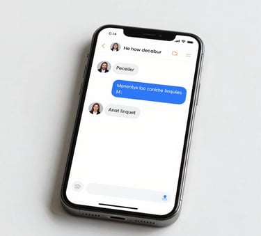 A high-end smartphone on a white surface displaying a sleek chat interface where an AI agent is instantly replying to complex client inquiries. The lighting is bright and clean, reflecting a professional Apple-style aesthetic with subtle golden copper accents in the UI design.