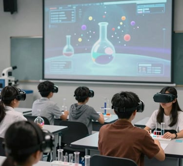 Students in a futuristic classroom setting, wearing VR goggles and observing a virtual chemistry experiment with floating particles and glowing test tubes. Wide shot, clean lines, North American / Global context.