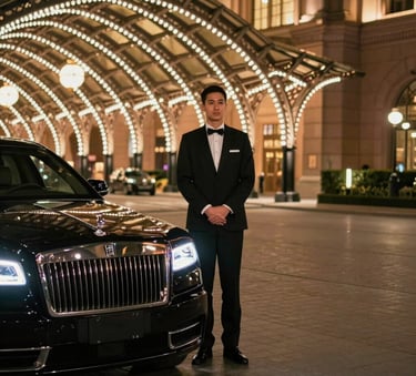 A valet attendant in a professional black uniform standing by a luxury vehicle in a grand North American hotel driveway at night. The scene is illuminated by glowing architectural lights, emphasizing a sense of premium service and security.