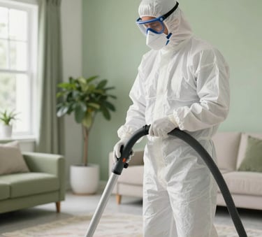 A professional mold remediation technician in a white protective suit and mask using a high-grade HEPA vacuum in a modern North American / Floridian home interior with fresh green accents.