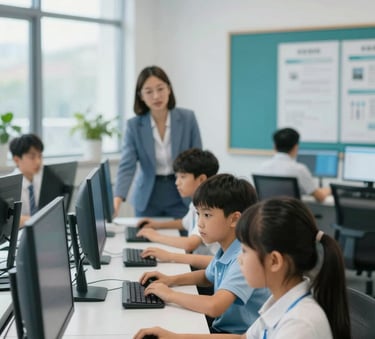 A bright, modern computer lab with young students (8-12 years old) focused on screens, a teacher providing guidance. The room is clean and professional, featuring accents of #2B557C and #8FA8B8 in the furniture and decor. Natural light coming from large windows.