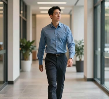 A professional property manager in a muted blue shirt walking through a modern commercial building corridor in North Carolina. Soft lighting, clean architecture, sophisticated atmosphere.