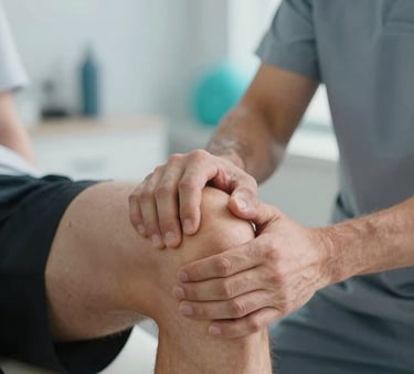 A close-up of a professional sports therapist's hands performing a biomechanical assessment on an athlete's knee. The setting is a clean, modern clinic with #D9E0E7 grey tones and #2EB6B2 accents. Bright, natural lighting.