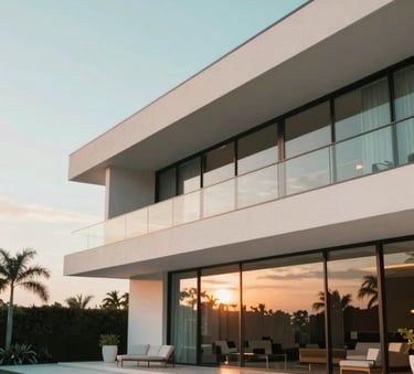 A sleek, modern architectural photograph of a luxury Florida mansion with glass walls reflecting a sunset sky. The scene is shot from a low angle, emphasizing grand proportions, using a palette of soft teal #A8C7CC and warm cream #F8F4ED lights.