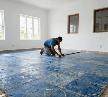 A bright, clean interior of a Jamaican home during a professional renovation. A craftsman is expertly laying large, modern slate blue tiles on a floor. The room features white walls and high ceilings typical of Caribbean architecture, capturing a sense of renewal and meticulous property maintenance.