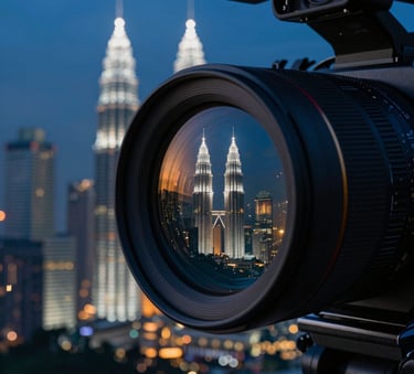 A close-up of a high-end cinema camera lens reflecting the glowing skyline of Kuala Lumpur at twilight. Rich cinematic tone with selective focus, deep dark blue shadows, and subtle cyan light flares.