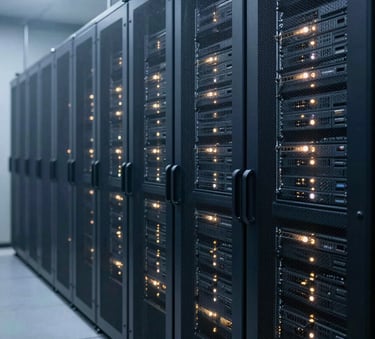 Photography of a high-tech North American / US data center with rows of deep navy server racks illuminated by soft pale mist lights, conveying modern infrastructure.