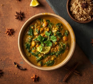 A bowl of healthy vegan chickpea and spinach curry served with brown rice and aromatic Indian spices.