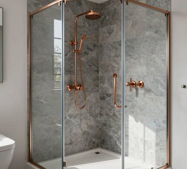 A professional high-end bathroom renovation showing a walk-in shower with grey slate tiles and elegant copper fittings, bright natural light, Northeastern France / Grand Est.