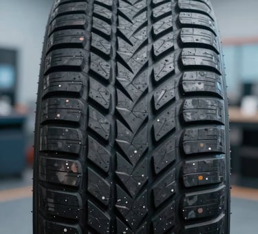 Close-up of a high-performance tire tread, sharp focus on the rubber texture, modern automotive workshop in the background with medium blue and light blue lighting, South American / Brazilian context.